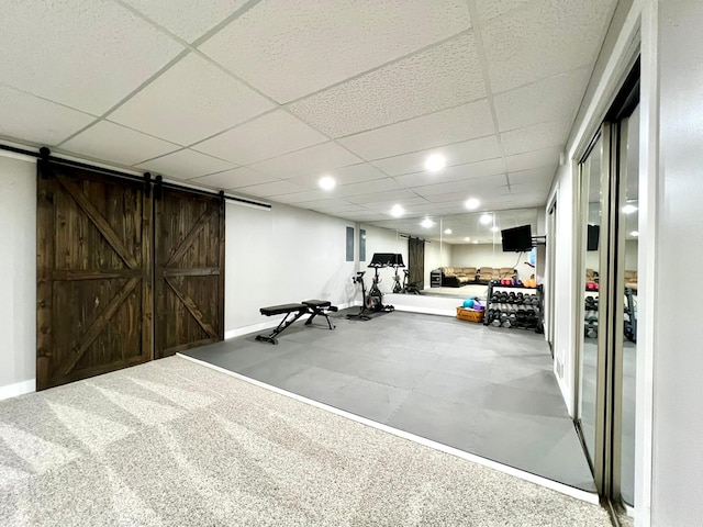2543 Sunny Meadow Ln, Red Wing, MN 55066 - workout room featuring a paneled ceiling, baseboards, and a barn door
