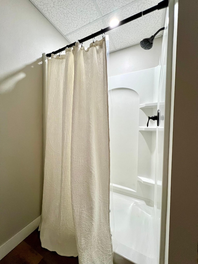 2543 Sunny Meadow Ln, Red Wing, MN 55066 - bathroom featuring a drop ceiling and a shower with curtain