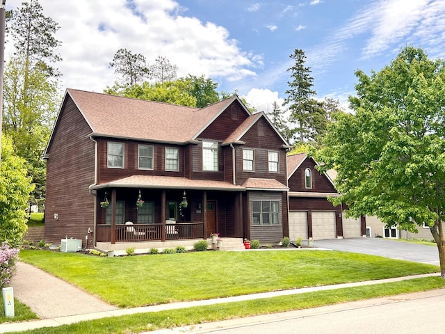 2543 Sunny Meadow Ln, Red Wing, MN 55066 - view of front of home featuring a porch, asphalt driveway, a front lawn, an attached garage, and roof with shingles