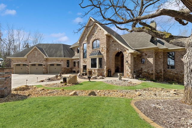 view of front of home featuring driveway, roof with shingles, a front yard, brick siding, and an attached garage