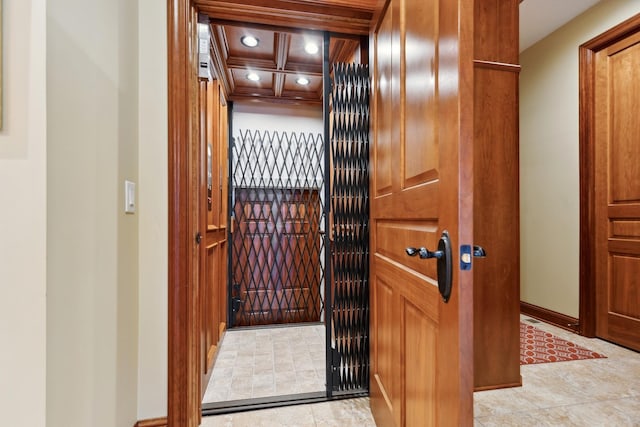 room details featuring beamed ceiling, recessed lighting, baseboards, and coffered ceiling