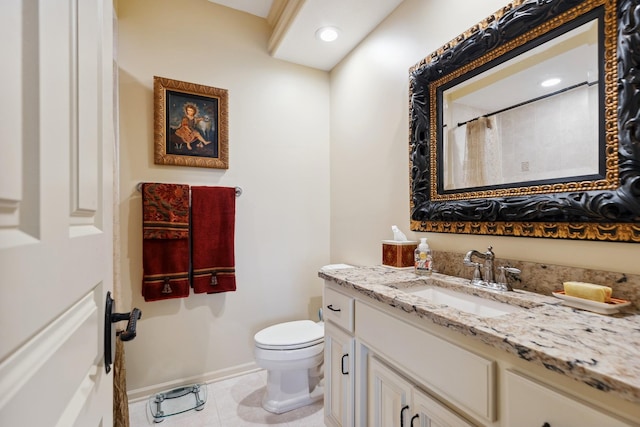 bathroom featuring baseboards, tile patterned floors, vanity, toilet, and a shower with shower curtain