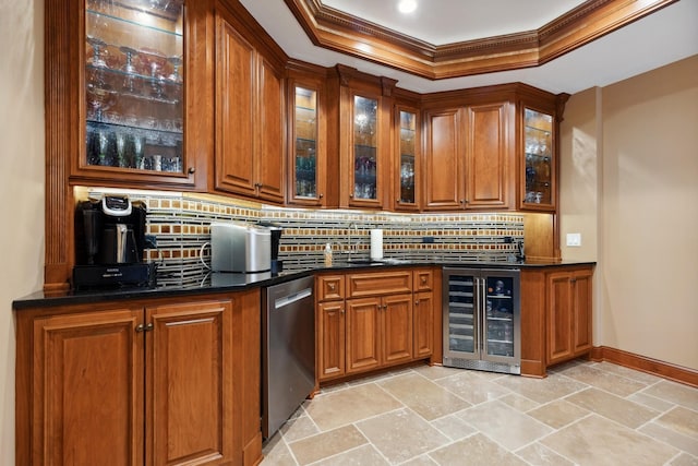 bar with decorative backsplash, crown molding, stainless steel dishwasher, a raised ceiling, and beverage cooler