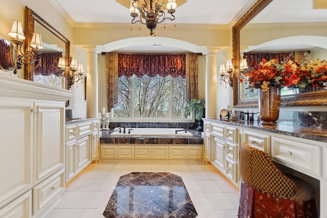 17620 Xanadu Ave, Jordan, MN 55352 - bathroom with ornate columns, a garden tub, a chandelier, and ornamental molding