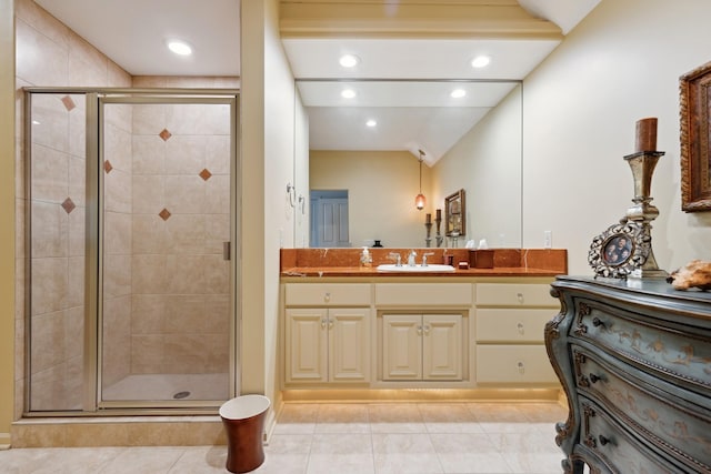17620 Xanadu Ave, Jordan, MN 55352 - bathroom with vanity, a shower stall, tile patterned flooring, and recessed lighting