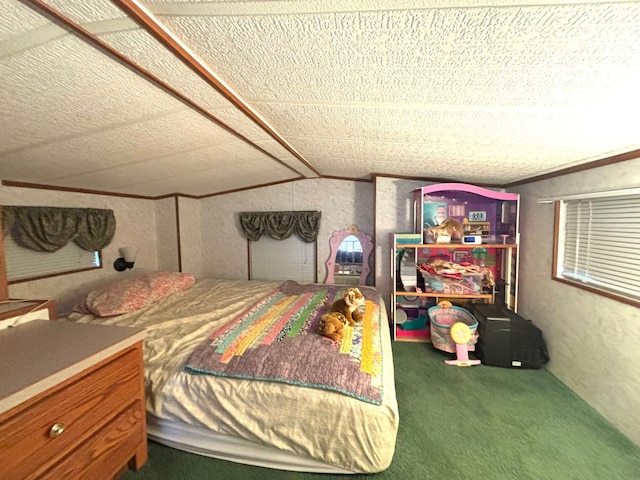 carpeted bedroom featuring vaulted ceiling and crown molding