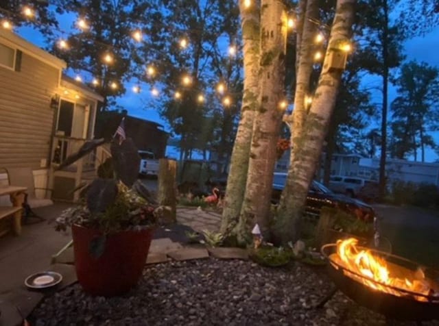 view of yard featuring a fire pit and a patio area