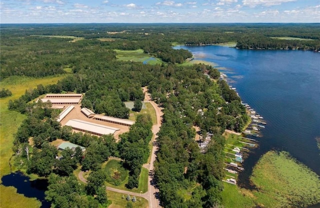 birds eye view of property with a water view and a wooded view