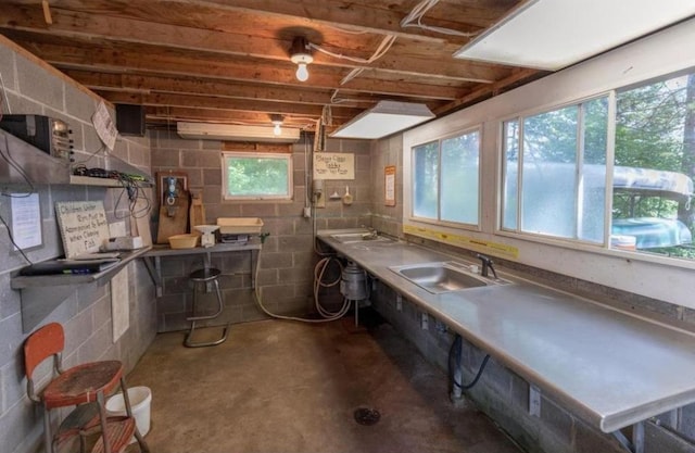 below grade area featuring concrete block wall and a sink