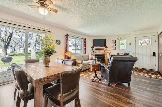 dining room with a healthy amount of sunlight, ceiling fan, a textured ceiling, and dark wood-type flooring