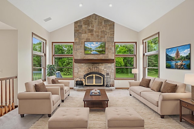 1159 Orwell Ave N, West Lakeland Twp, MN 55082 - living room featuring a fireplace and high vaulted ceiling