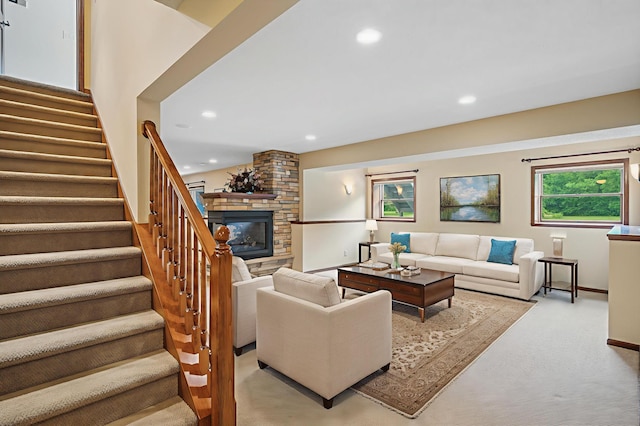 1159 Orwell Ave N, West Lakeland Twp, MN 55082 - living area featuring stairway, recessed lighting, a fireplace, baseboards, and light carpet