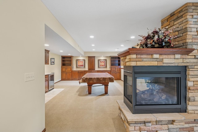 1159 Orwell Ave N, West Lakeland Twp, MN 55082 - recreation room with light carpet, wine cooler, recessed lighting, billiards, and a multi sided fireplace