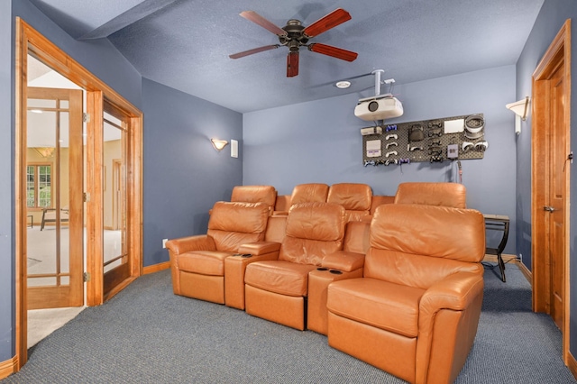 6507 Orchard Ridge Trl, Woodbury, MN 55129 - carpeted home theater featuring a ceiling fan and a textured ceiling