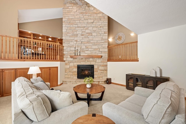 6507 Orchard Ridge Trl, Woodbury, MN 55129 - carpeted living room featuring high vaulted ceiling and a fireplace