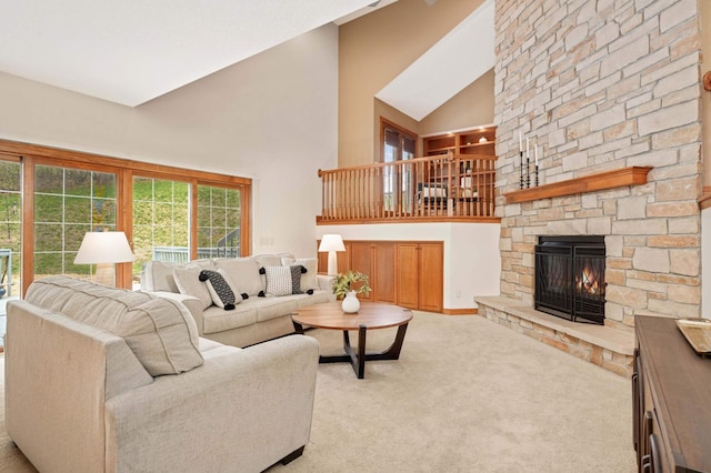 6507 Orchard Ridge Trl, Woodbury, MN 55129 - carpeted living room featuring a stone fireplace and high vaulted ceiling