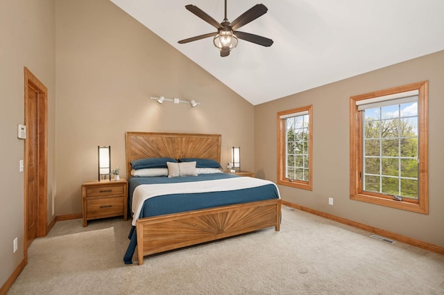 6507 Orchard Ridge Trl, Woodbury, MN 55129 - carpeted bedroom featuring high vaulted ceiling and a ceiling fan
