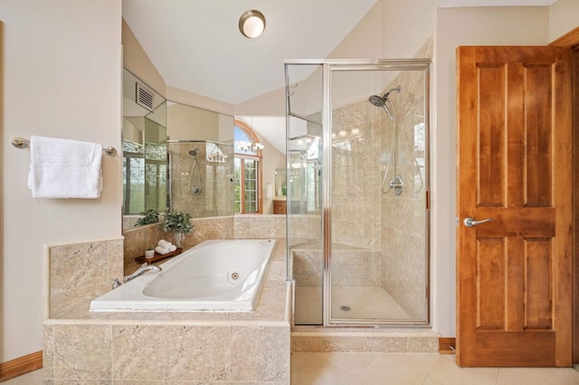 6507 Orchard Ridge Trl, Woodbury, MN 55129 - full bath featuring a shower stall, a jetted tub, lofted ceiling, and tile patterned floors