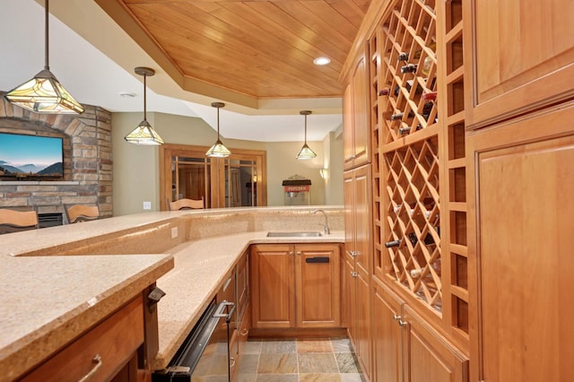 6507 Orchard Ridge Trl, Woodbury, MN 55129 - wine area featuring wooden ceiling, a tray ceiling, light stone finish flooring, and recessed lighting