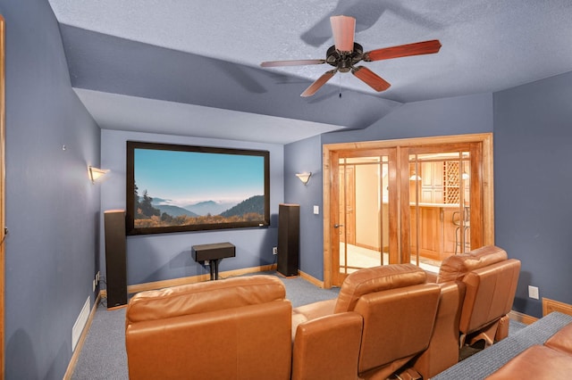 6507 Orchard Ridge Trl, Woodbury, MN 55129 - cinema featuring a ceiling fan, carpet, lofted ceiling, and a textured ceiling