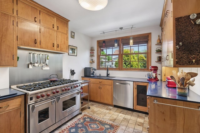 2924 Farwell Ave, Minneapolis, MN 55411 - kitchen featuring appliances with stainless steel finishes, a sink, open shelves, dark countertops, and brown cabinetry