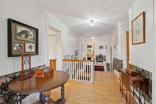 2924 Farwell Ave, Minneapolis, MN 55411 - hall with light wood-style flooring, ornamental molding, and an upstairs landing