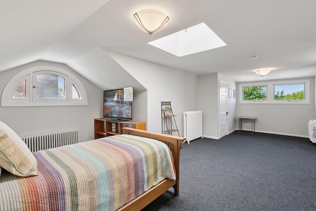 2924 Farwell Ave, Minneapolis, MN 55411 - bedroom with radiator, a skylight, dark colored carpet, vaulted ceiling, and baseboards