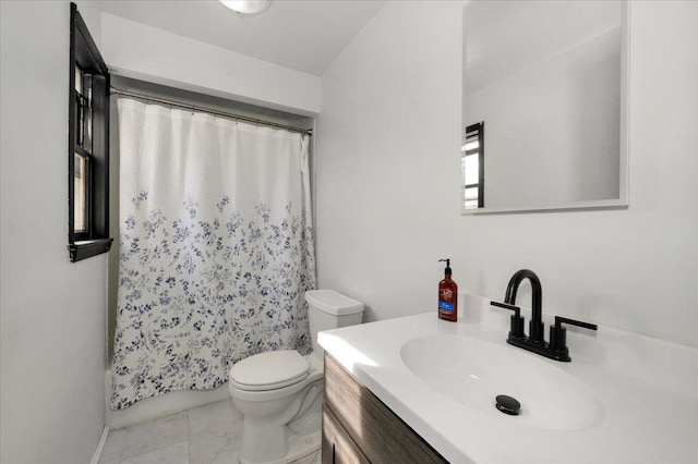 full bathroom with marble look tiles, toilet, and vanity