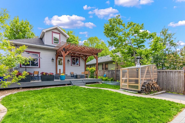1597 James Ave, Saint Paul, MN 55105 - back of house with an exterior structure, a wooden deck, a pergola, and an outdoor structure