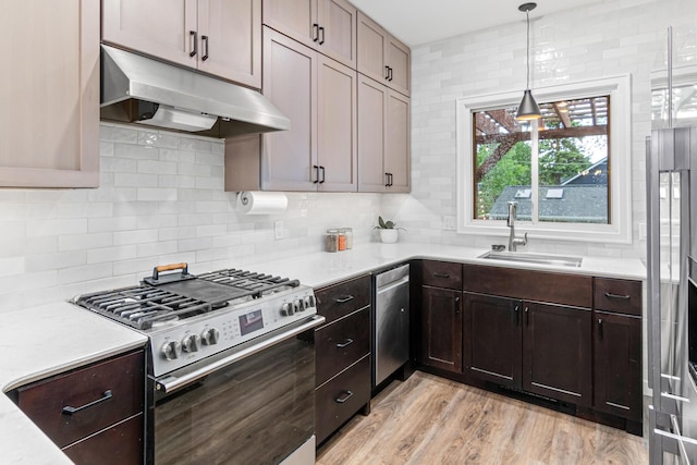 1597 James Ave, Saint Paul, MN 55105 - kitchen featuring appliances with stainless steel finishes, under cabinet range hood, a sink, light countertops, and decorative backsplash