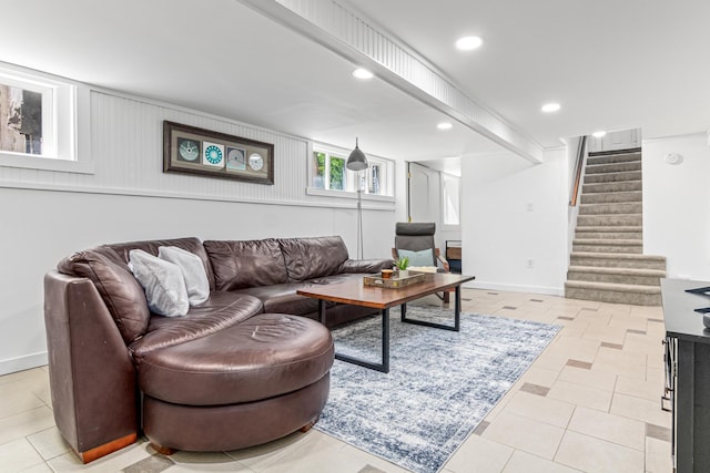 1597 James Ave, Saint Paul, MN 55105 - living room with stairs, light tile patterned flooring, recessed lighting, and baseboards