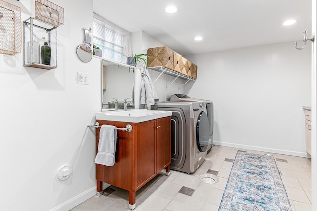 1597 James Ave, Saint Paul, MN 55105 - laundry room featuring washer and dryer, baseboards, recessed lighting, and light tile patterned floors