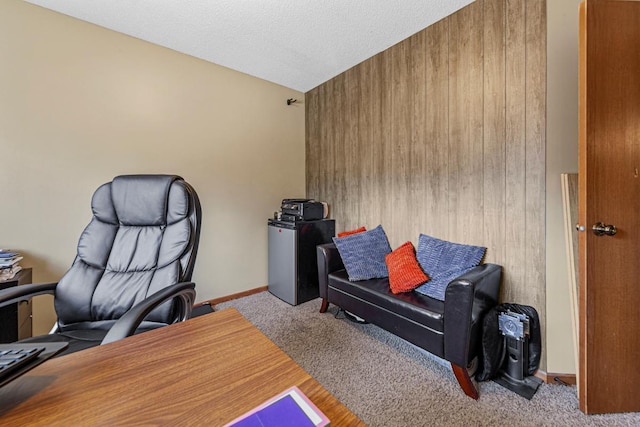office space featuring baseboards, carpet flooring, and a textured ceiling
