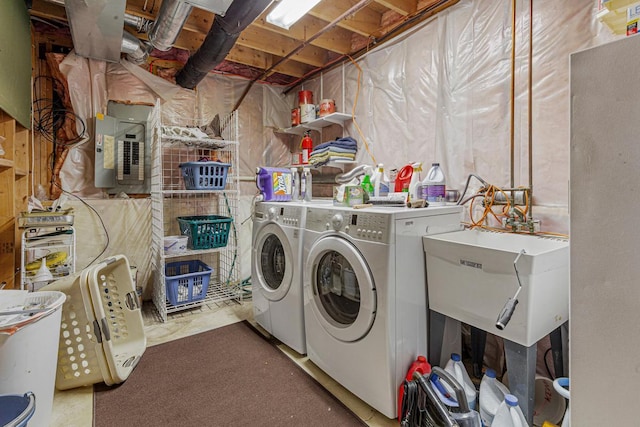 laundry room with a sink, washer and dryer, laundry area, and electric panel