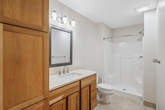full bath featuring walk in shower, toilet, and vanity