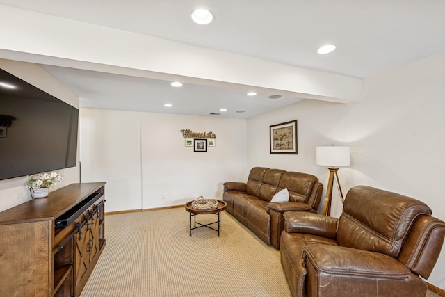 living room with baseboards, recessed lighting, and light colored carpet