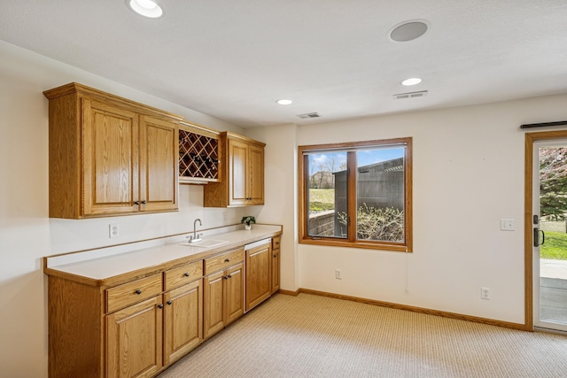 kitchen with visible vents, light carpet, and a sink