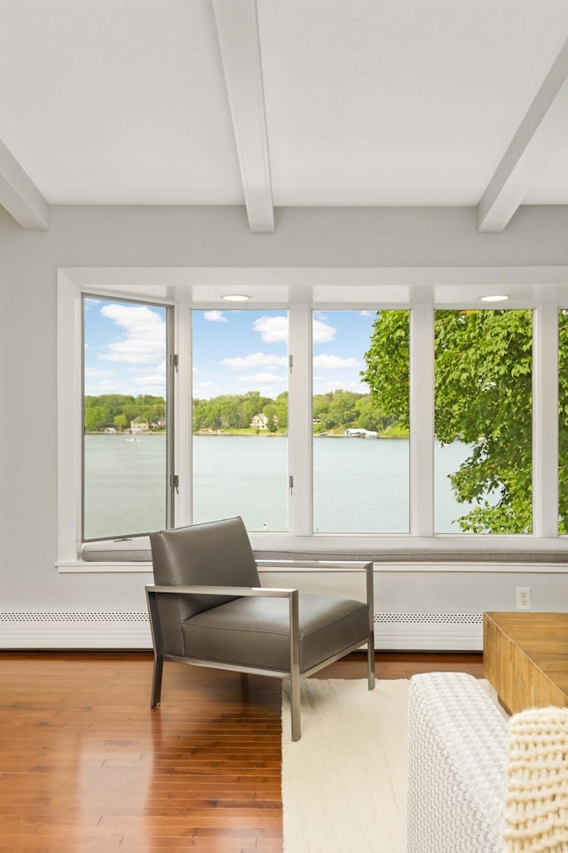 1310 Vine Pl, Orono, MN 55364 - sunroom featuring beamed ceiling, a baseboard heating unit, and a water view