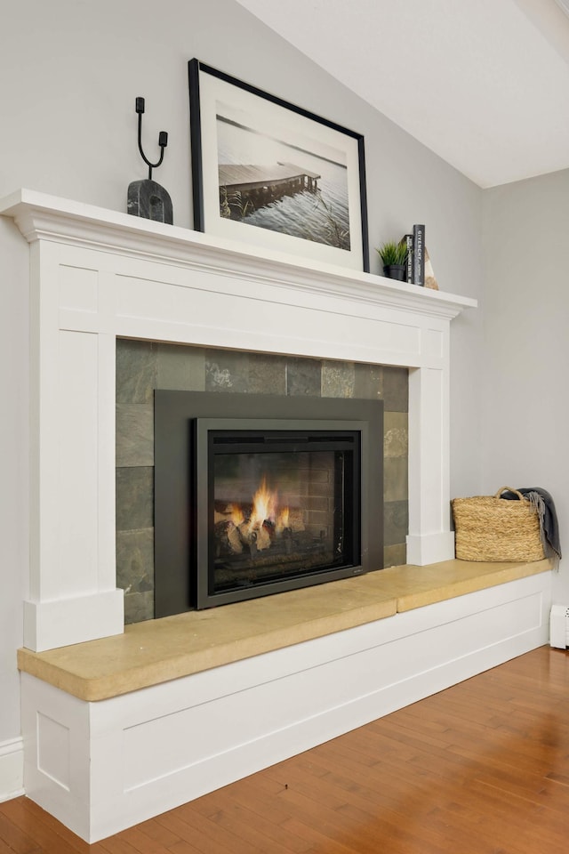 1310 Vine Pl, Orono, MN 55364 - detailed view of a tiled fireplace, wood finished floors, and baseboards