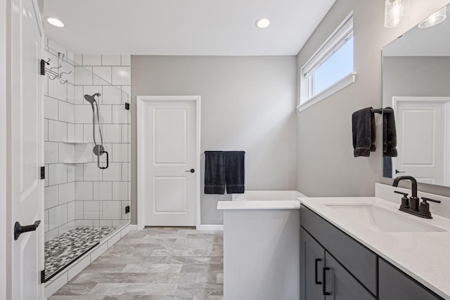 19477 102nd Pl, Corcoran, MN 55374 - full bathroom featuring vanity, a shower stall, recessed lighting, and marble finish flooring