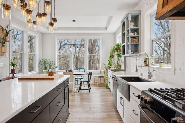 18837 Ogden St NW, Elk River, MN 55330 - kitchen featuring a tray ceiling, light countertops, light wood-type flooring, open shelves, and white cabinets