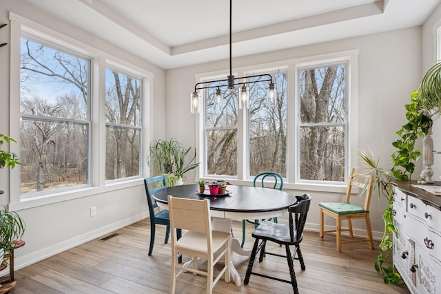 18837 Ogden St NW, Elk River, MN 55330 - dining space with a tray ceiling, baseboards, and light wood finished floors