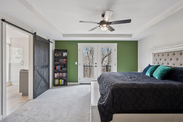 18837 Ogden St NW, Elk River, MN 55330 - bedroom with a barn door, access to exterior, a tray ceiling, and french doors