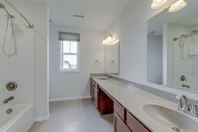 15485 Jersey Ave S, Savage, MN 55378 - full bath with washtub / shower combination, double vanity, baseboards, and tile patterned floors