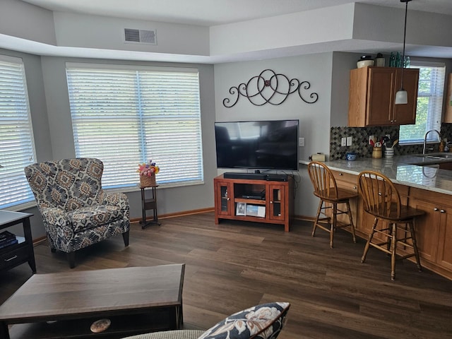 1880 3rd Ave NW Unit 215, Rochester, MN 55901 - living room featuring dark wood-style floors and baseboards