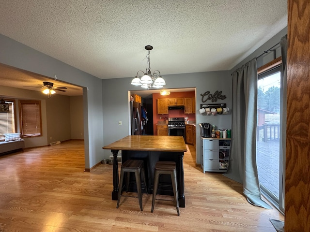 318 Pine Ave S, Sandstone, MN 55072 - dining room featuring light wood-style flooring, a textured ceiling, and ceiling fan with notable chandelier