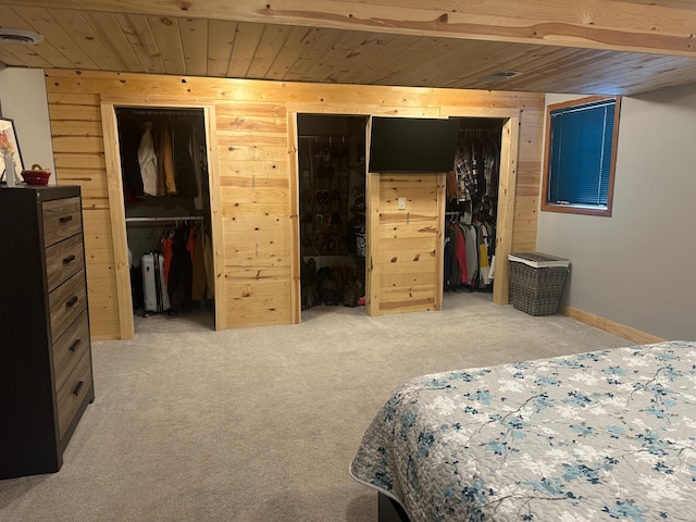 318 Pine Ave S, Sandstone, MN 55072 - bedroom featuring light colored carpet, wooden ceiling, wooden walls, and a closet