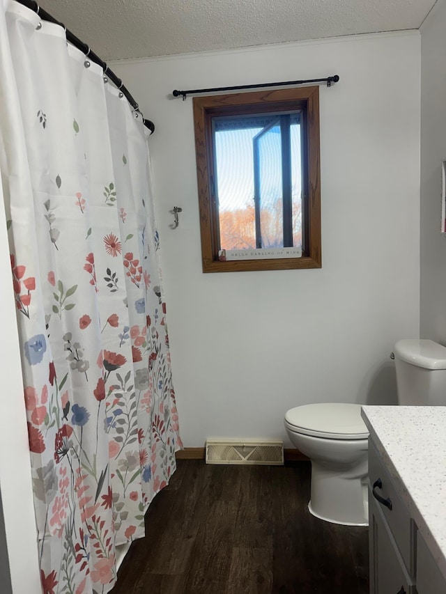 318 Pine Ave S, Sandstone, MN 55072 - bathroom with wood finished floors, vanity, a shower with curtain, toilet, and visible vents
