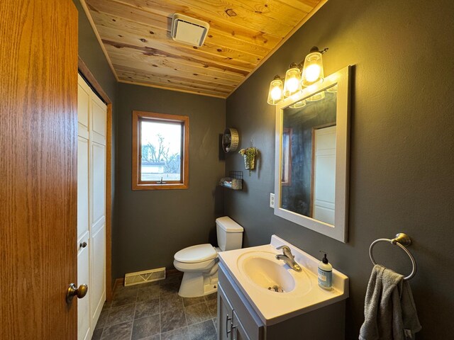 318 Pine Ave S, Sandstone, MN 55072 - bathroom with visible vents, toilet, vanity, wooden ceiling, and baseboards