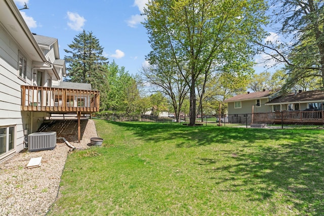 view of yard with cooling unit and a wooden deck